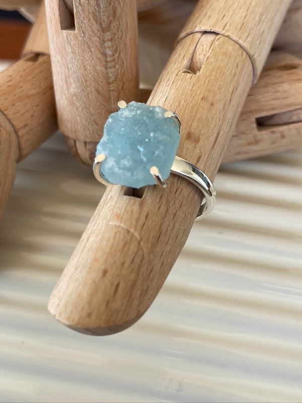 A Rough Cut Luminescent Aquamarine Ring in Sterling Silver