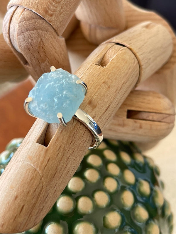 A Rough Cut Luminescent Aquamarine Ring in Sterling Silver